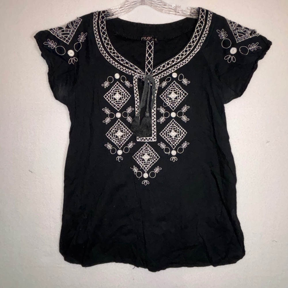 FYLO Black Embroidered Tassel‎ Top Shirt Women Medium Boho Festival India